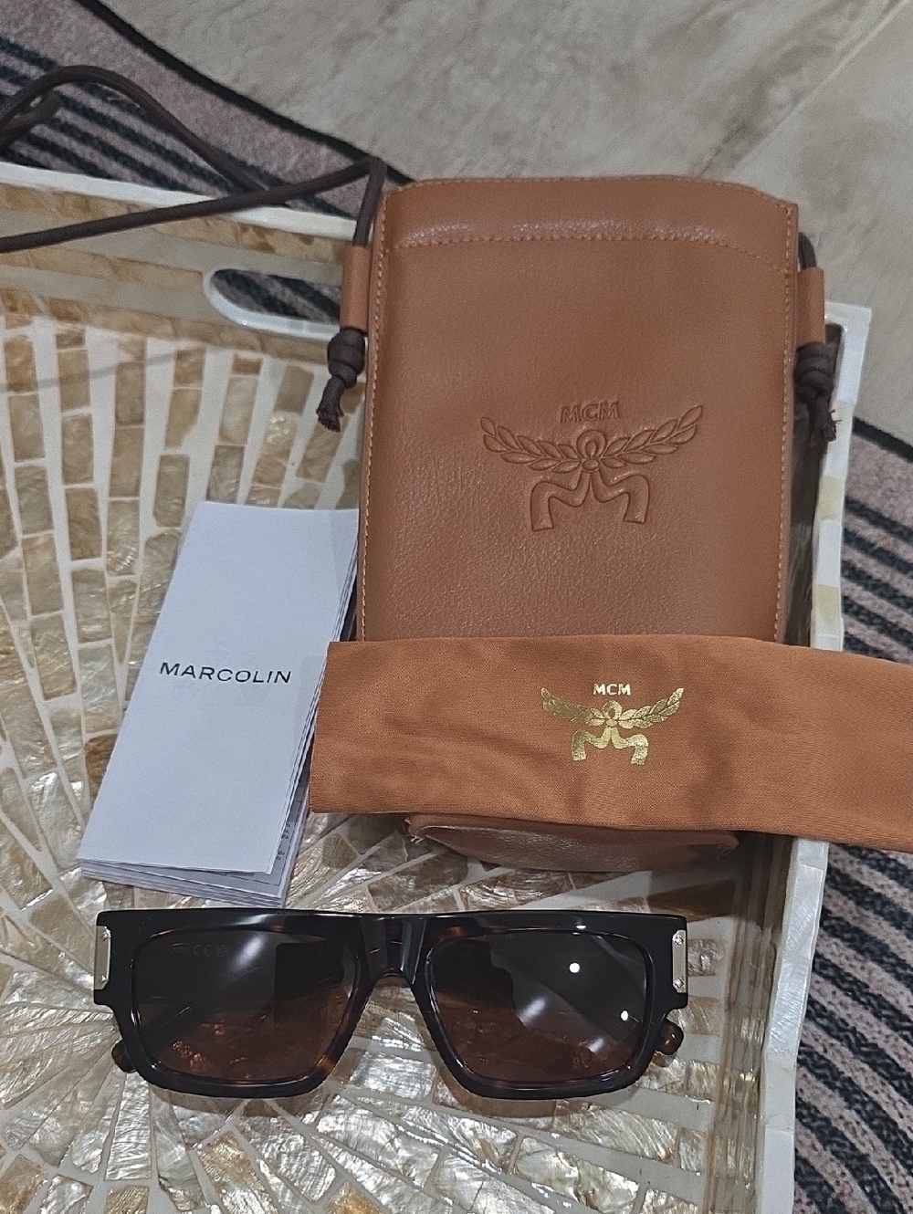 MCM Brown Gradient Lens Square Sunglasses with Matching Tan Leather Case